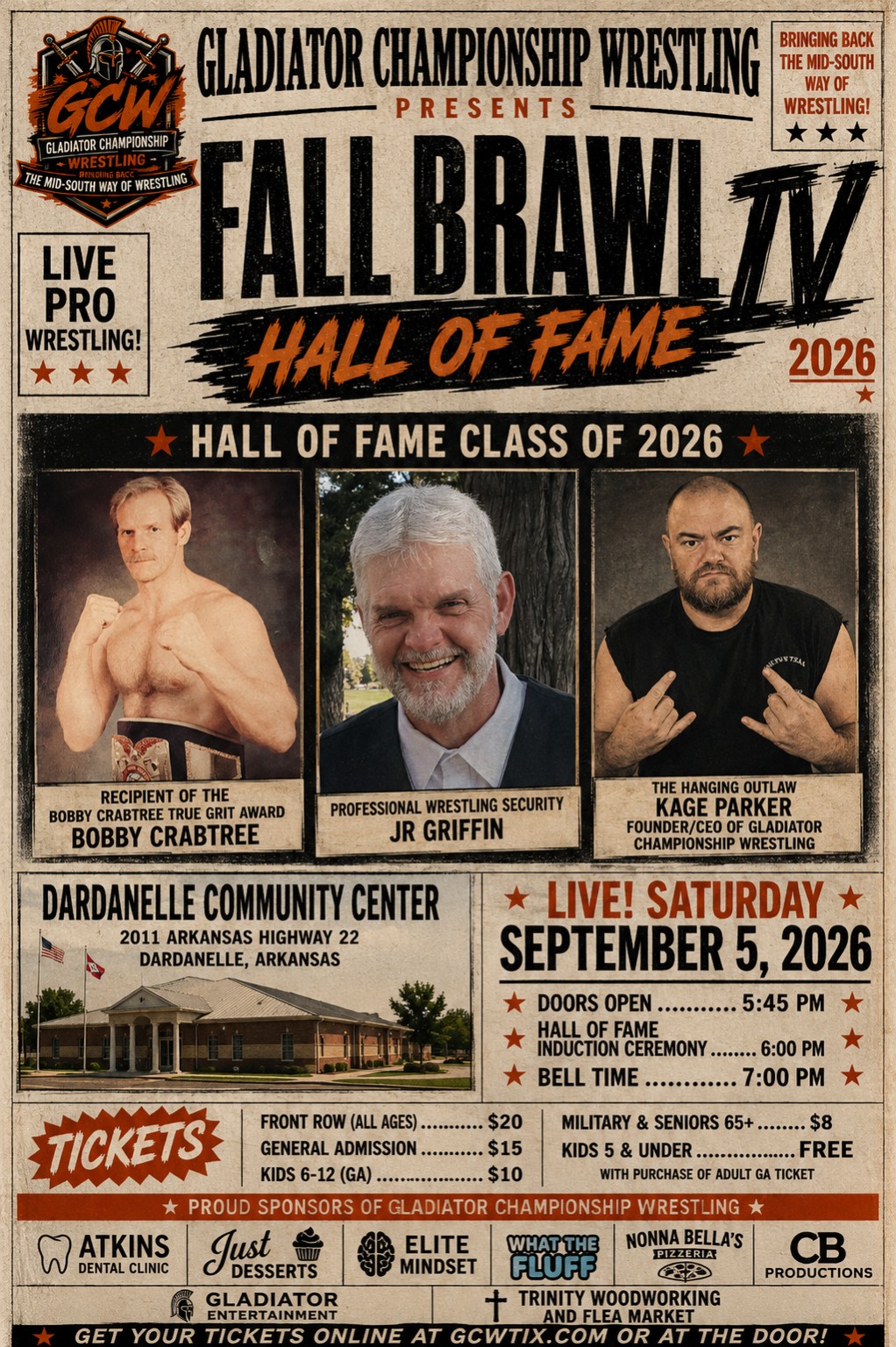 Fall Brawl IV Hall of Fame 2026 event poster featuring Bobby Crabtree, JR Griffin, and Kage Parker